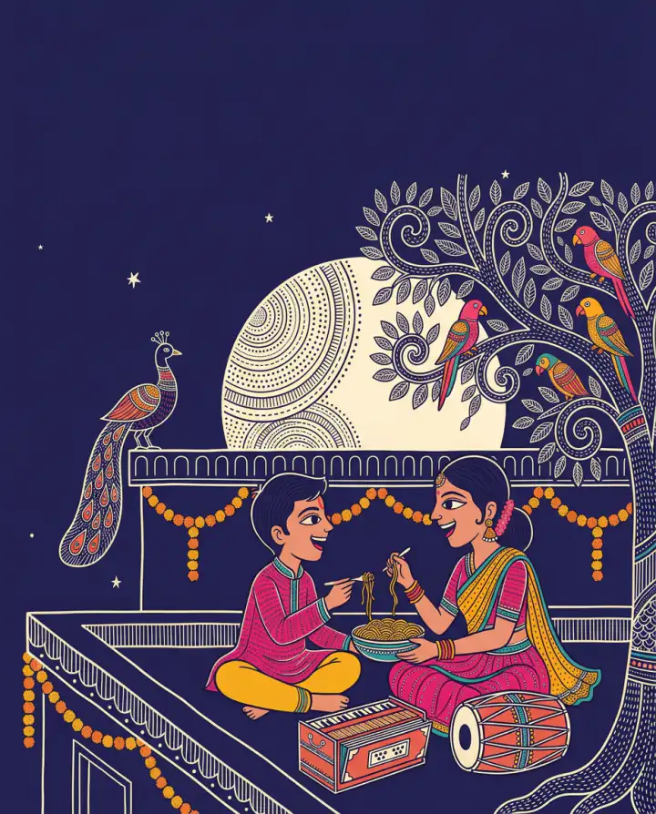 Raat ko chhat par ek katori Maggi baant-te bhai-behen, paas mein harmonium aur dholak